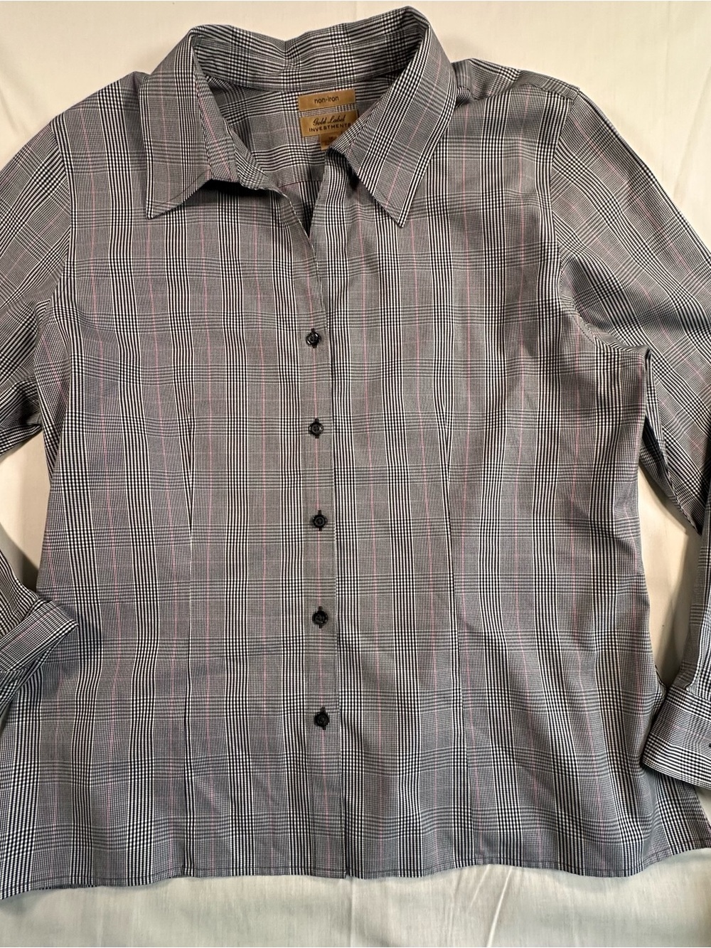 Woman’s Plaid Button-Up Shirt - Gray with Subtle Pink Stripe L/S business